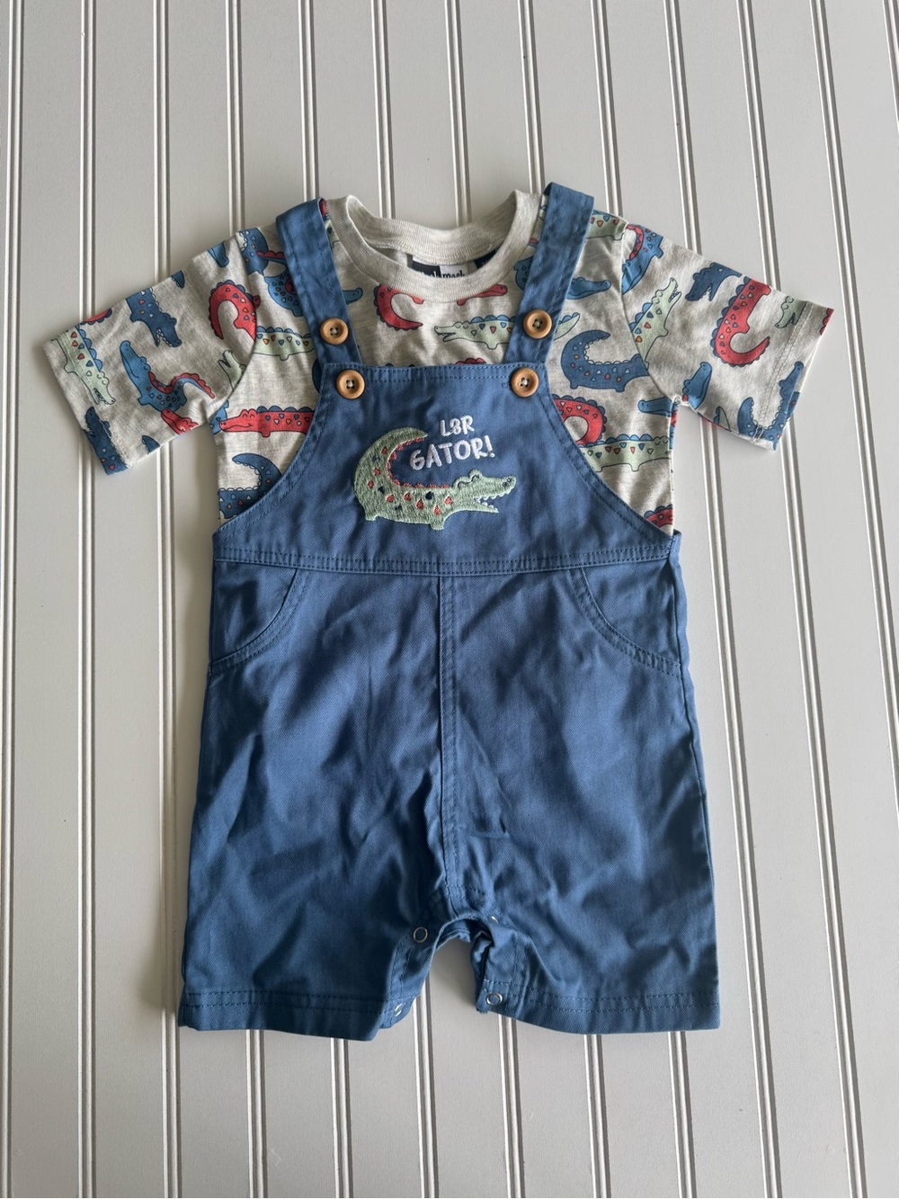 Mick Mack Blue Gator Shortall Set with Printed Tee - Kids 24M